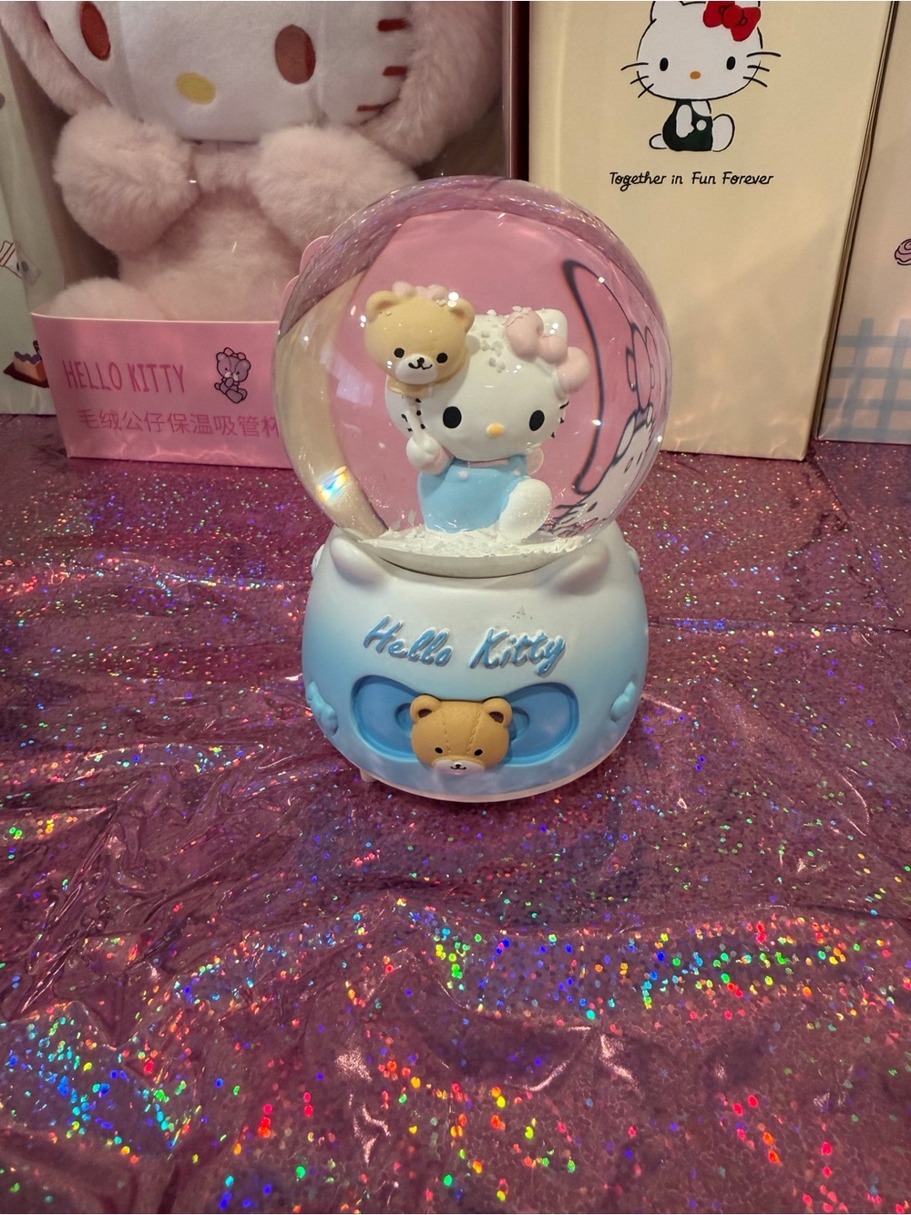 Hello Kitty Blue and Pink Snow Globe with Bears